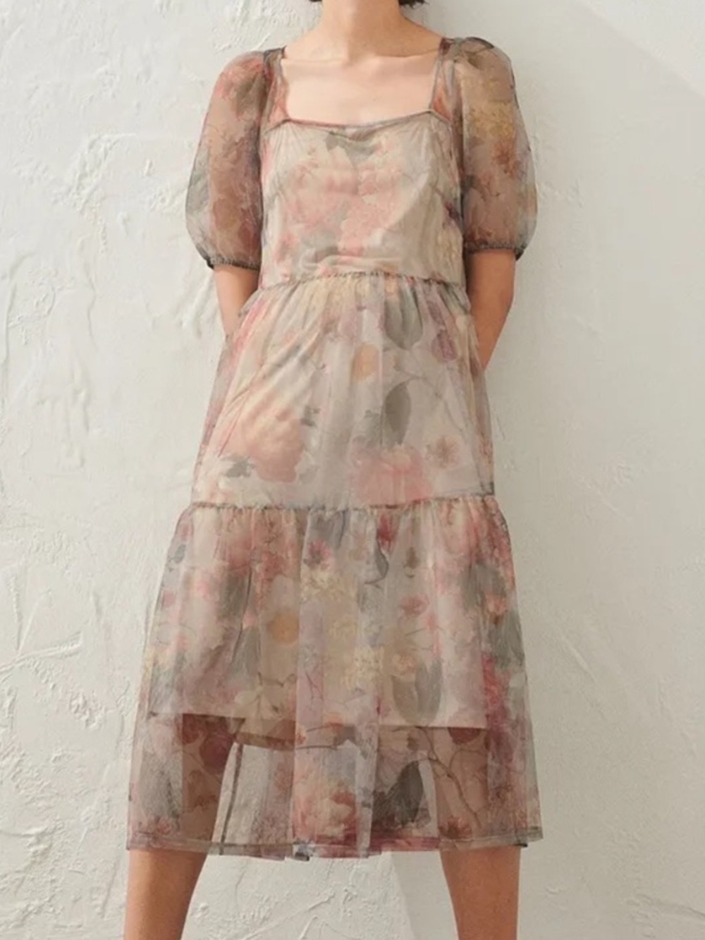 H&M Floral Puff-Sleeve Tule Midi Dress XS